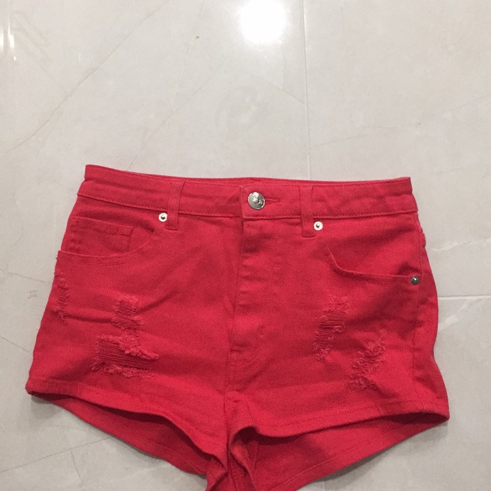 Red jean shorts
